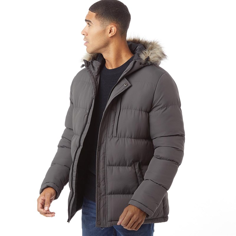 grey puffer jacket fur hood