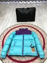 light blue puffer jacket